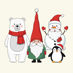 Merry Christmas and Happy New Year decoration element set isolated on blue background. Cartoon santa, gift box, snowman. Holiday icon collection in modern flat style. Vector illustration