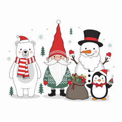 Merry Christmas and Happy New Year decoration element set isolated on blue background. Cartoon santa, gift box, snowman. Holiday icon collection in modern flat style. Vector illustration