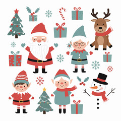 Set of Christmas and New Year stickers with Santa Claus, snowman, deer and gifts. Cute collection for winter holiday. Vector.