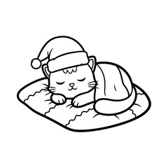 Sleeping cat in Santa hat on a pillow. Cute Christmas coloring page vector for kids.