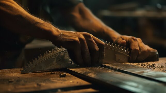 Skilled craftsman expertly guiding wood through a circular saw, creating with precision and dedication in a warm, inviting workshop setting. - Powered by Adobe