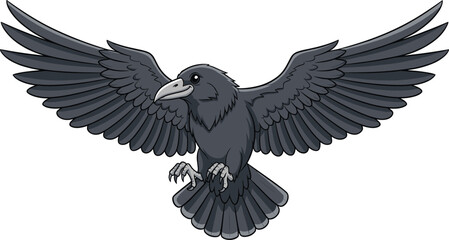 Naklejka premium Flying raven illustration vector, black bird in motion, detailed feather artwork, symbolic animal clipart, dark fantasy design, gothic wildlife silhouette graphic