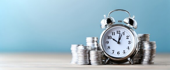 The alarm clock beside stacked coins illustrating time equals money and financial planning urgency