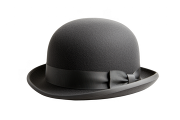 Grey felt bowler hat with black ribbon isolated on a transparent background