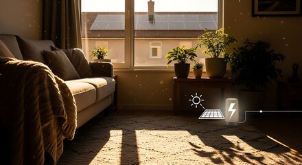 Obraz premium Cozy living room bathed in sunlight with plants and sofa.