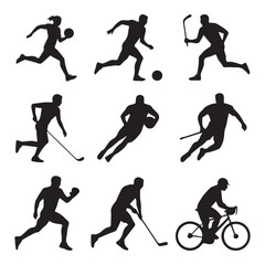 Collection of Eight Active Athlete Figures: Running, Cycling, Swimming, and Strength Training