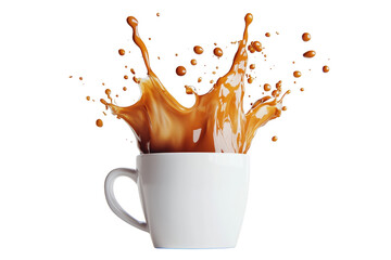 Coffee splash from white mug isolated on a transparent background
