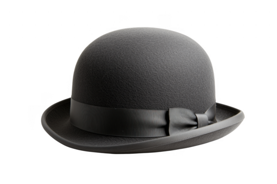 Grey felt bowler hat with black ribbon isolated on a transparent background