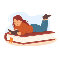 A Young Girl Enjoys Reading a Book while lies on a book with open book in her hands. Concept illustration of learning, distance studying and self education. Young woman student character