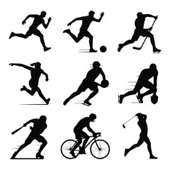 Collection of Eight Active Athlete Figures: Running, Cycling, Swimming, and Strength Training
