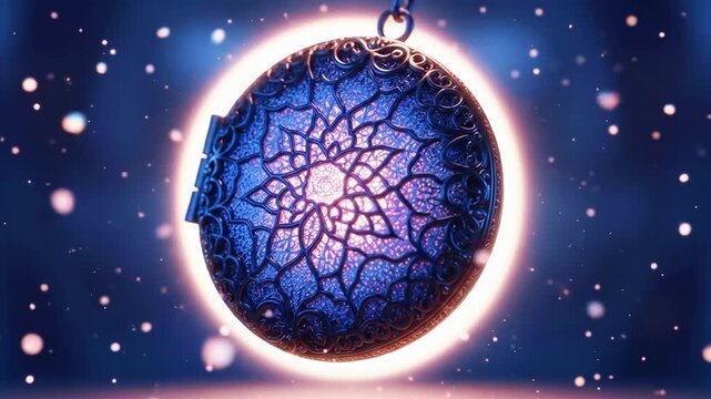 A luminous locket with an intricate floral design, floating in a cosmic, bokeh filled dark blue space