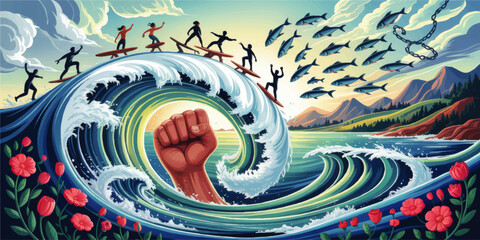 Surreal Ocean Wave Art with Surfers, Raised Fist, Leaping Fish, and Vibrant Flowers Against Scenic Mountains at Sunrise
