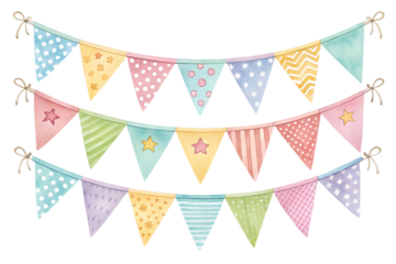 Watercolor illustration of colorful bunting flags arranged in a festive string design. The flags are painted in soft pastel and bright watercolor tones, creating a cheerful and playful atmosphere. Per