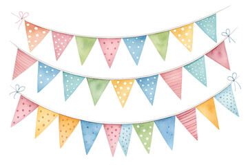 Watercolor illustration of colorful bunting flags arranged in a festive string design. The flags are painted in soft pastel and bright watercolor tones, creating a cheerful and playful atmosphere. Per