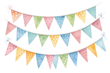 Watercolor illustration of colorful bunting flags arranged in a festive string design. The flags are painted in soft pastel and bright watercolor tones, creating a cheerful and playful atmosphere. Per