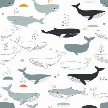 Whimsical whale wallpaper pattern with fish and playful water splashes