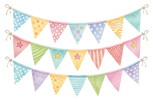 Watercolor illustration of colorful bunting flags arranged in a festive string design. The flags are painted in soft pastel and bright watercolor tones, creating a cheerful and playful atmosphere. Per