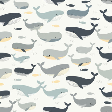 Gentle blue whale seamless pattern for nursery textiles and wallpaper