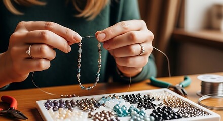 Creating a Beaded Bracelet - A Close-Up of Jewelry Making.
