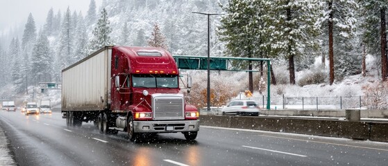 Snowy road conditions as a red truck transports cargo through a mountainous area during winter