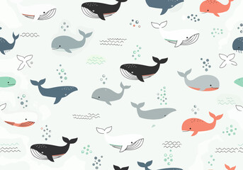Obraz premium Ocean animal repeating pattern featuring cute whales and tiny fish shapes