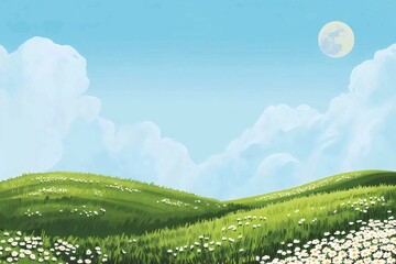 A meadow under a cloudy sky with full moon