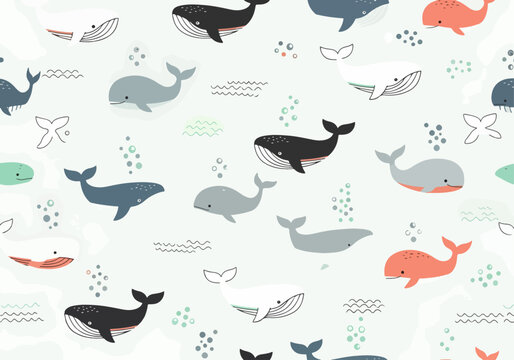 Ocean animal repeating pattern featuring cute whales and tiny fish shapes
