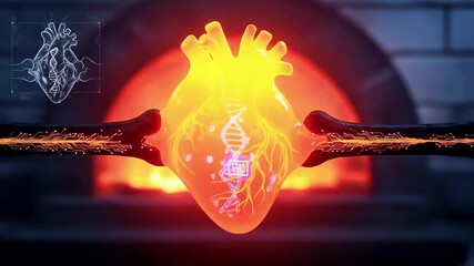 Glowing heart with DNA and circuit connections, set against an abstract background - Powered by Adobe