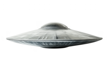 Metallic flying saucer hovering isolated on a transparent background