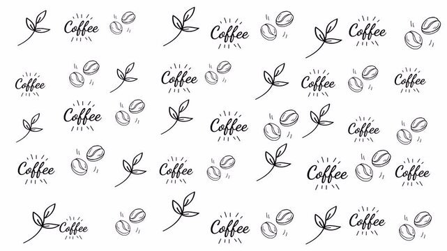 Coffeethemed seamless pattern with beans, leaves, and words. Perfect for coffee shop branding, packaging design, and kitchen decor items.