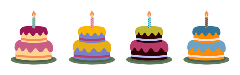 Set of four colorful birthday cakes with candles.
