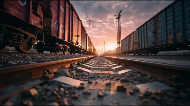 A cinematic low-angle view of a freight train moving powerfully along the railroad, showcasing industrial strength, dynamic motion, and long cargo containers against a scenic landscape