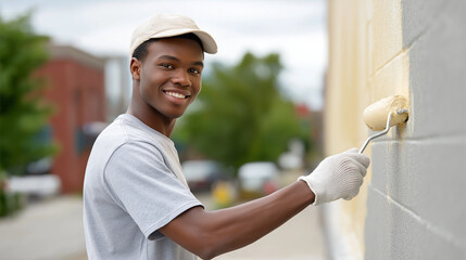 Young man painting wall outdoors