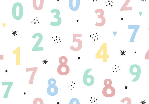 A Seamless Vector Pattern Featuring Colorful Hand-Drawn Numbers Zero Through Nine with Playful Decorative Stars and Leaf Elements