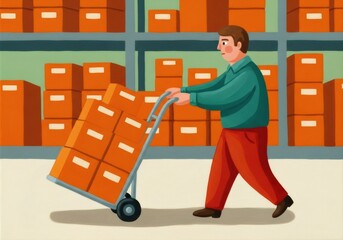 Warehouse worker moving cardboard boxes with a hand truck. Logistics, shipping, and inventory management concept. Stockroom employee at work illustration