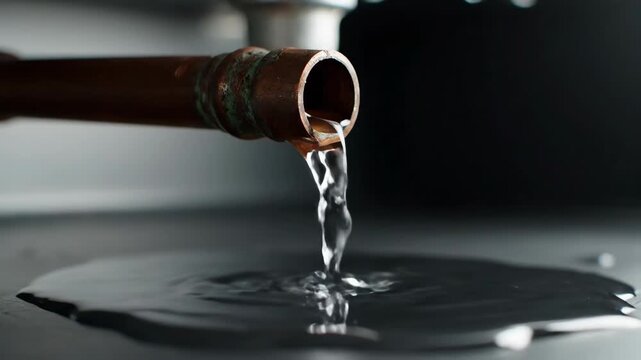 Close-Up of Water Dripping from Copper Pipe in Industrial Setting