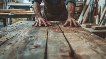 Skilled craftsman's hands meticulously working on a rustic wooden table in a well lit workshop environment