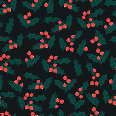 Festive seamless pattern with holly branches. Holiday Christmas background for wallpapers, textile, wrapping paper. Vintage template for fashion prints.
