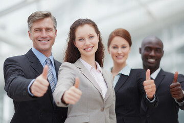 Team of Professionals with Thumbs Up: A dynamic group of business people, a blend of different backgrounds, radiate confidence and approval, offering a collective gesture of success