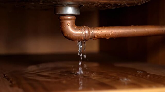 Copper Pipe Leakage Under Kitchen Sink with Water Dripping