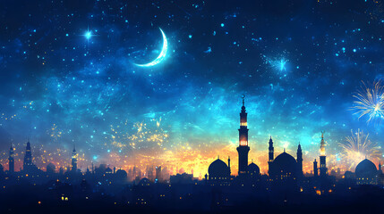 A breathtaking nightscape featuring a crescent moon and starry sky above a city silhouette with mosque, complemented by vibrant fireworks display