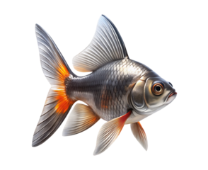 A silver goldfish featuring metallic scales, flowing fins, transparent background.