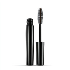 Sleek black mascara tube with an open applicator wand. Cosmetic product for eye makeup. Isolated on a white background with copy space