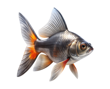 A silver goldfish featuring metallic scales, flowing fins, transparent background. - Powered by Adobe