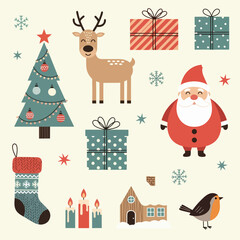 Big Christmas set of decorative elements and characters for design. Santa Claus, Christmas tree toys, gifts, sweets. Vector flat illustration on white background in hand drawn style