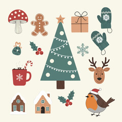 Set of Christmas elements. Holiday symbols and New Year design elements are hand drawn on a white background