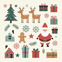 Set of Christmas elements. Holiday symbols and New Year design elements are hand drawn on a white background