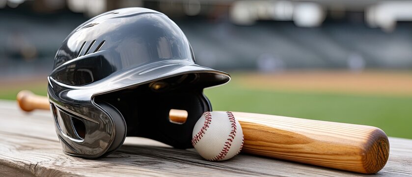 Baseball equipment resting on a bench with a clear field in the background during a sunny afternoon game