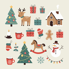 Merry Christmas and happy new year vector element set isolated on background. Cartoon santa, reindeer, gift box and snowman. Holiday icon collection in simple modern flat style