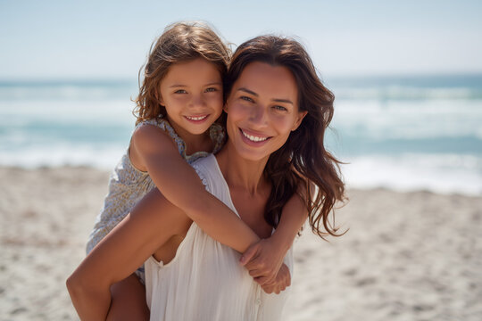 Coastal Bond: A tender moment of pure affection unfolds as a mother joyfully gives her child a piggyback ride on a sun-kissed beach, the vast ocean stretching out before them.